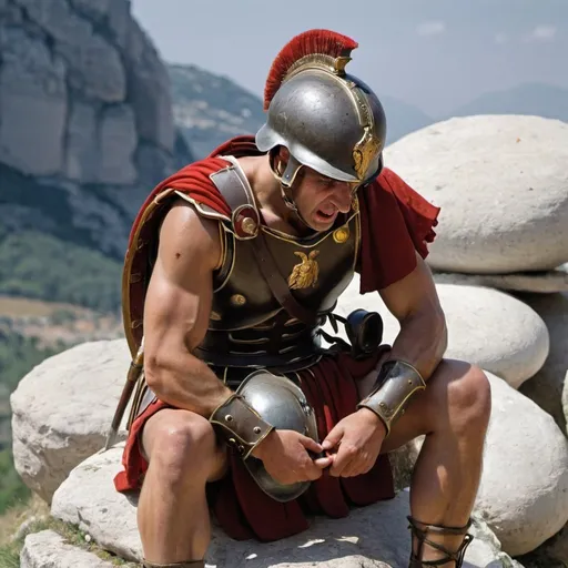 Prompt: roman soldier sit on rock in agony face holding helmet in his right hand