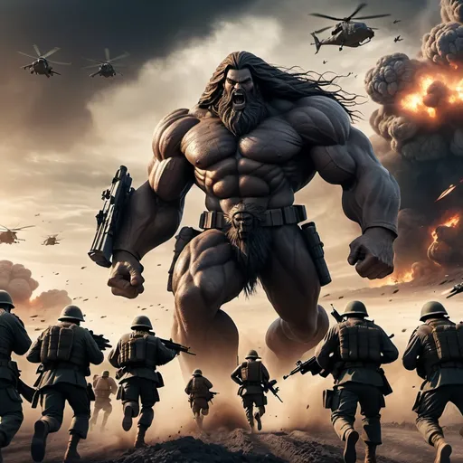 Prompt: wide zoomed view; ultra realistic image of two mega sized giants long hair standing surrounded by small armed soldiers running; war apocalypse in the background; dark tone; gradient sky