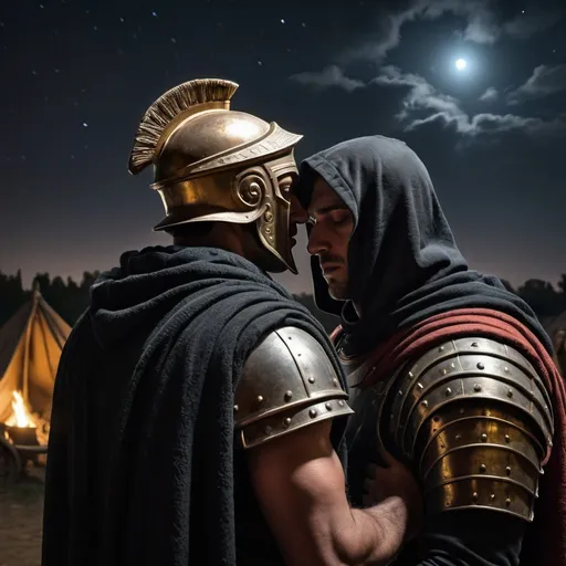 Prompt: shot from behind; black hooded man wearing scarf whispers to an armored roman soldier's ear in an ancient roman camp; realistic dark night sky; sleeping