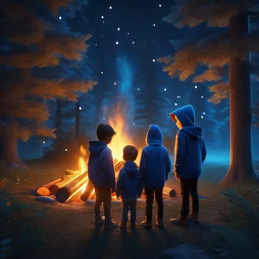 Prompt: ultra realistic, zoom out view, 3d rendered image, perfect shape, three boy blue hoodie in front of campfire in blue enchanted forest, night sky, fireflies, night fog, digital illustration, sakimichan style, 4k, high res,