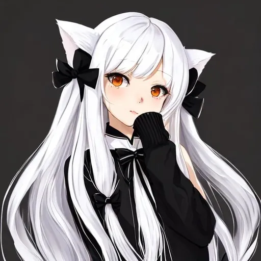 Prompt: White long hair, hime hair, white cat ears, female, black bow on left side front hair, black stripped sweater, looking at viewer, cute, shy, chibi, girl, anime