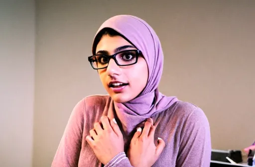 Prompt: a woman wearing a pink hijab and glasses smiling at the camera 