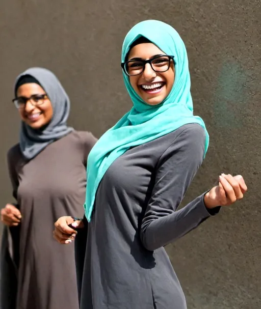 Prompt: a woman wearing a hijab and glasses smiling at the camera 