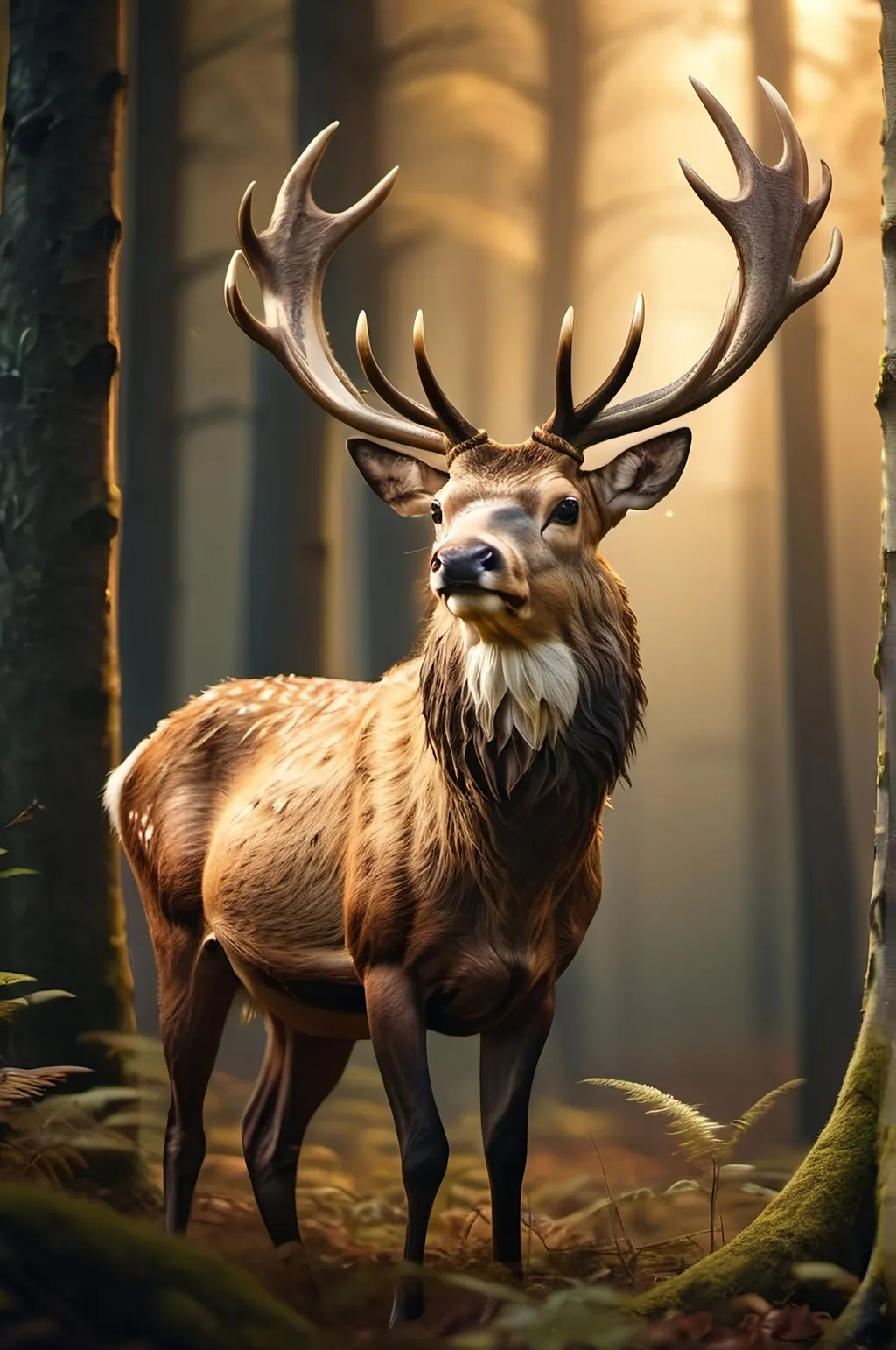 Prompt: Create a stunning image of a beautiful and majestic stag set against a lush forest as background with warm golden lighting hyper-realistic photo