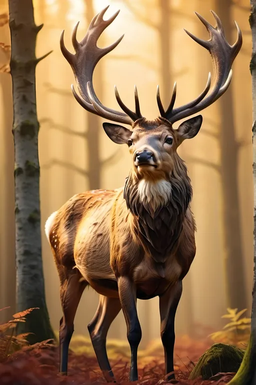 Prompt: Create a stunning image of a beautiful and majestic stag set against a lush forest as background with warm golden lighting hyper-realistic photo