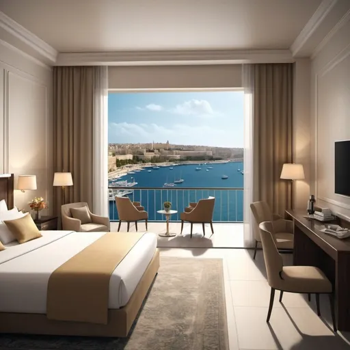 Prompt: Luxurious 4K illustration of a super modern hotel room overlooking Valletta marina, spacious 60 sqm, waterfront location, classic interior design, panoramic view of the marina, elegant furnishings, high-end amenities, luxurious bedding, intricate details, high quality, classic art style, warm color tones, natural lighting, detailed furniture, waterfront setting, upscale atmosphere