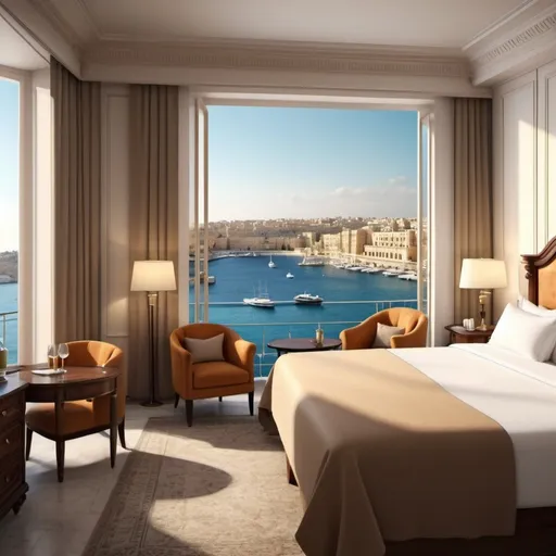 Prompt: Luxurious 4K illustration of a classic hotel room overlooking Valletta marina, spacious 60 sqm, waterfront location, classic interior design, panoramic view of the marina, elegant furnishings, high-end amenities, luxurious bedding, intricate details, high quality, classic art style, warm color tones, natural lighting, detailed furniture, waterfront setting, upscale atmosphere