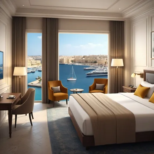 Prompt: Luxurious 4K illustration of a super modern hotel room overlooking Valletta marina, spacious 60 sqm, waterfront location, classic interior design, panoramic view of the marina, elegant furnishings, high-end amenities, luxurious bedding, intricate details, high quality, classic art style, warm color tones, natural lighting, detailed furniture, waterfront setting, upscale atmosphere