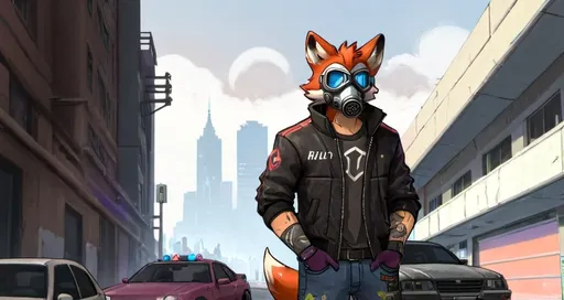 Prompt: a fox in a gas mask standing in a city street with a car in the foreground and a building in the background, Adam Manyoki, furry art, overwatch, cyberpunk art