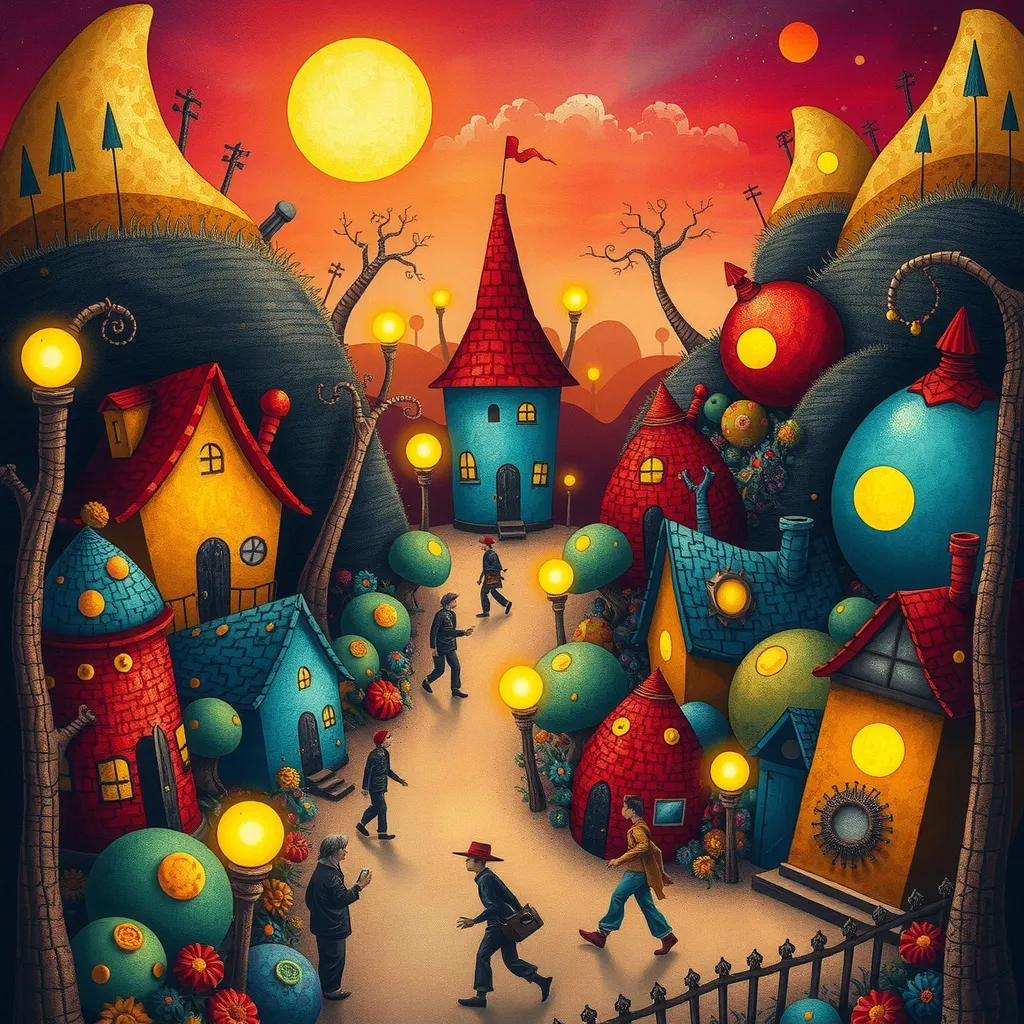 Prompt: Art generated in the Surrealist style; a busy whimsical village at a whimsical landscape, vividly colorful, art brut style, ethereal style of background by andy kehoe, hyperdetailed, dreamlike, deep color, fantastical, intricate detail, 8k resolution, storybook illustration, complementary colors, hand drawn, Tim burton