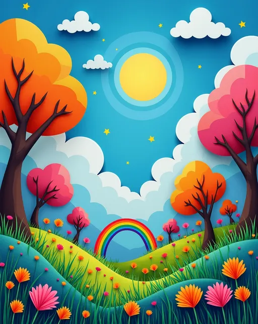 Prompt: (Paper-Mache) (2D flat art), Modern Art, vibrant color scheme, whimsical rainbow forest, clear blue sky, whimsical sun illuminating cloudy background, lush green grass, vibrant trees, extremely colorful magical scene, dreamy and ethereal ambiance, surreal atmosphere, enchanting landscape, overflowing with whimsical elements, inspired by Andy Kehoe's artistic style, HD and ultra-detailed