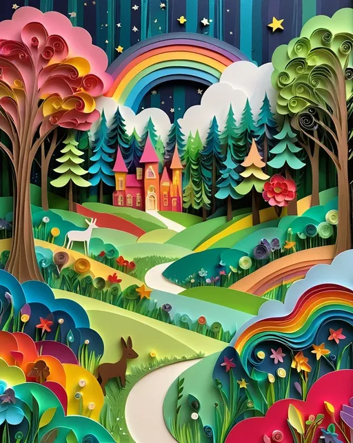 Prompt: (papercraft-flat papercut style), vibrant color scheme, whimsical rainbow forest, starry night sky, full moon illuminating cloudy background, lush green grass, vibrant trees, extremely colorful magical scene, dreamy and ethereal ambiance, surreal atmosphere, enchanting landscape, overflowing with whimsical elements, inspired by sam toft's artistic style, HD and ultra-detailed. baroque