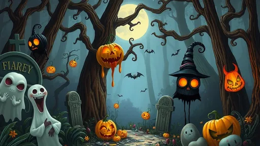 Prompt: A mysterious, ethereal forest filled with whimsical and haunting creatures, rendered in the unique and macabre style of Tim Burton. Halloween-inspired elements like tombstones, ghosts, and witches add an eerie charm to the scene. Intricate details and vibrant colors create a surreal and unforgettable atmosphere.