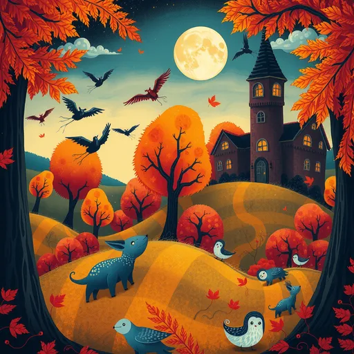 Prompt: (whimsical autumn scene), folk art style, children’s book illustration, Tim Burton inspired, whimsical, dreamlike atmosphere, macabre, sinister, vibrant colors, magical details, enchanting landscape, fall foliage, playful characters, nostalgic charm, cozy ambiance, 4K, ultra-detailed, mesmerizing visuals, imaginative design, creative storytelling, no animals in the sky, one moon