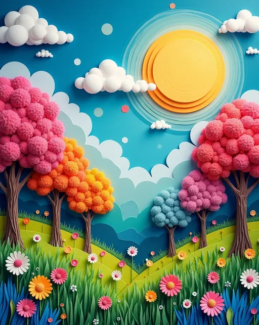 Prompt: (Paper-Mache) (2D flat art), Modern Art, vibrant color scheme, whimsical rainbow forest, clear blue sky, whimsical sun illuminating cloudy background, lush green grass, vibrant trees, extremely colorful magical scene, dreamy and ethereal ambiance, surreal atmosphere, enchanting landscape, overflowing with whimsical elements, inspired by Andy Kehoe's artistic style, HD and ultra-detailed