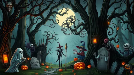 Prompt: A mysterious, ethereal forest filled with whimsical and haunting creatures, rendered in the unique and macabre style of Tim Burton. Halloween-inspired elements like tombstones, ghosts, and witches add an eerie charm to the scene. Intricate details and vibrant colors create a surreal and unforgettable atmosphere.