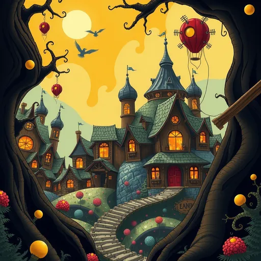 Prompt: Art generated in the Surrealist style; a busy whimsical village at a whimsical landscape, vividly colorful, art brut style, ethereal style of background by andy kehoe, hyperdetailed, dreamlike, deep color, fantastical, intricate detail, 8k resolution, storybook illustration, complementary colors, hand drawn, Tim burton