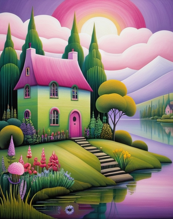 Prompt: a whimsical cottages on a whimsical landscape filled with whimsical plants, trees, with a babbling lake, shrouded in mist, fun, dreamlike; sunshine; Colorful; flowers in hues of pink, green, lavender and purple in ultra-high definition, complementary colors fine details, intricately detailed, art brut, style of sam toft, gustav klimt, Andy Kehoe, Kelly Vivanco, Amanda Sage, hyper detailed, background by Gregory Kurasov, 4k