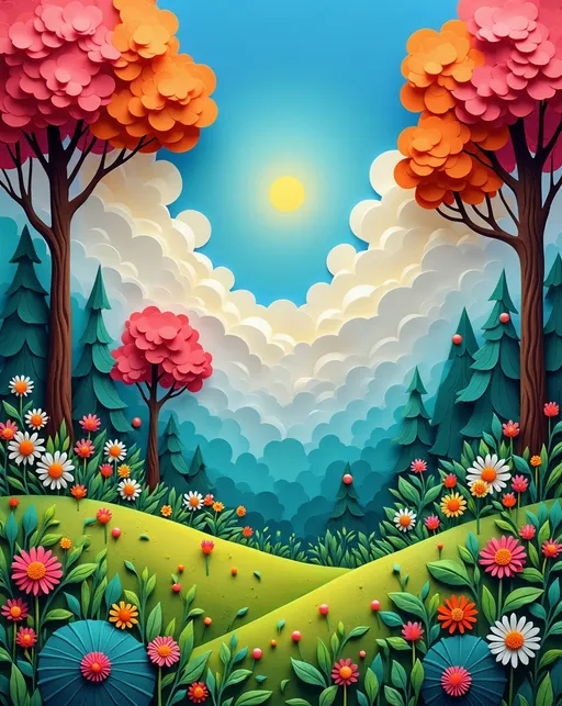 Prompt: (Paper-Mache) (2D flat art), Modern Art, vibrant color scheme, whimsical rainbow forest, clear blue sky, whimsical sun illuminating cloudy background, lush green grass, vibrant trees, extremely colorful magical scene, dreamy and ethereal ambiance, surreal atmosphere, enchanting landscape, overflowing with whimsical elements, inspired by Andy Kehoe's artistic style, HD and ultra-detailed