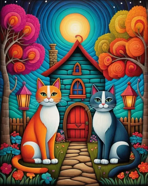 Prompt: two whimsical happy cats at a whimsical cottage landscape, colorful, folk art, art brut style, style of Amanda Sage, Andy Kehoe, Kelly Vivanco,  background by Gregory Kurasov, detailed matte painting, baroque dreamlike, deep color, fantastical, intricate detail, complementary colors, 8k resolution, children's illustration