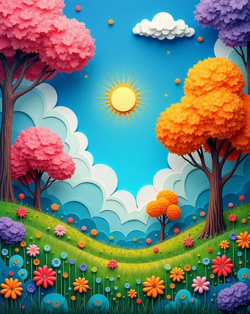 Prompt: (Paper-Mache) (2D flat art), Modern Art, vibrant color scheme, whimsical rainbow forest, clear blue sky, whimsical sun illuminating cloudy background, lush green grass, vibrant trees, extremely colorful magical scene, dreamy and ethereal ambiance, surreal atmosphere, enchanting landscape, overflowing with whimsical elements, inspired by Andy Kehoe's artistic style, HD and ultra-detailed