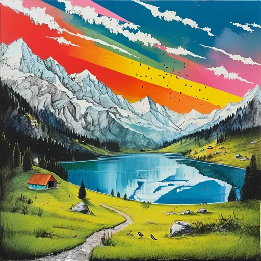 Prompt: Pop art, A mesmerising sketch of a dreamy landscape with a serene lake reflecting the towering mountains and the vibrant sky. The sky is filled with a variety of birds in flight. The mountains have a few small huts. The ground is covered with green grass. The overall sketch has a soft, dreamy quality.