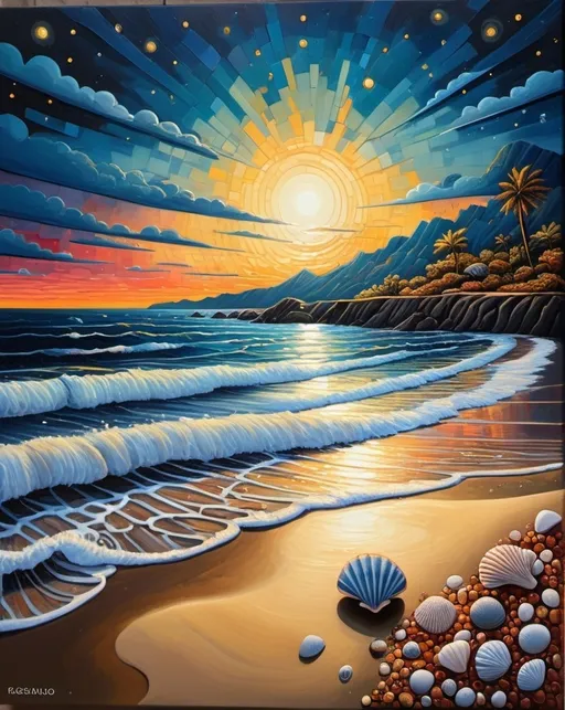 Prompt: Oil painting of an empty sunny beach, starry night sky, lots of moonlight, slightly rocky, no people, some small seashells, high contrast, dramatic lighting, heavily textured brush strokes, folk art style, art brut, pointillism, style of  gustav klimt, Andy Kehoe, Kelly Vivanco, background by Gregory Kurasov, ultra detailed, 4k, vibrant colors, matte background, hyperdetailed, intricate patterns, warm tones, whimsical atmosphere, golden light, calm and serene mood, ultra-detailed, cinematic masterpiece, 4K.