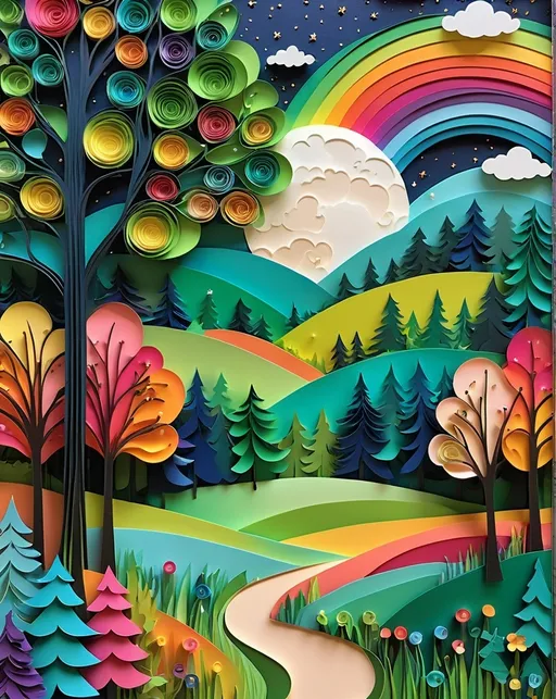 Prompt: (papercraft-flat papercut style), vibrant color scheme, whimsical rainbow forest, starry night sky, full moon illuminating cloudy background, lush green grass, vibrant trees, extremely colorful magical scene, dreamy and ethereal ambiance, surreal atmosphere, enchanting landscape, overflowing with whimsical elements, inspired by sam toft's artistic style, HD and ultra-detailed. baroque