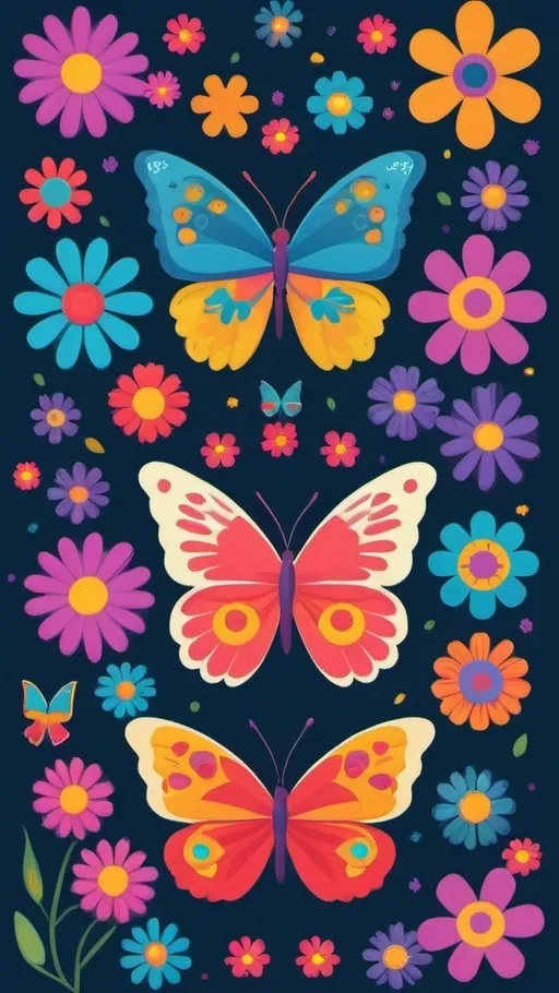 Prompt: illustrations for a book-cover, flat design, simple shapes, vector, vividly colorful, 2D, mod motifs with flowers and butterflies