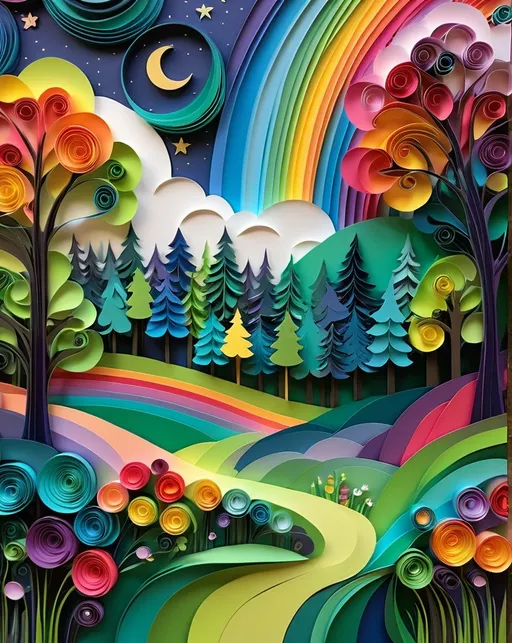 Prompt: (papercraft-flat papercut style), vibrant color scheme, whimsical rainbow forest, starry night sky, full moon illuminating cloudy background, lush green grass, vibrant trees, extremely colorful magical scene, dreamy and ethereal ambiance, surreal atmosphere, enchanting landscape, overflowing with whimsical elements, inspired by sam toft's artistic style, HD and ultra-detailed. baroque