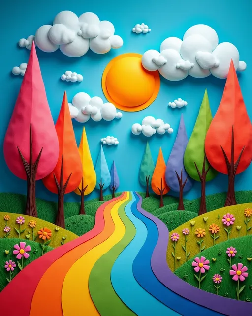 Prompt: (Paper-Mache) (2D flat art), Modern Art, vibrant color scheme, whimsical rainbow forest, clear blue sky, whimsical sun illuminating cloudy background, lush green grass, vibrant trees, extremely colorful magical scene, dreamy and ethereal ambiance, surreal atmosphere, enchanting landscape, overflowing with whimsical elements, inspired by Andy Kehoe's artistic style, HD and ultra-detailed