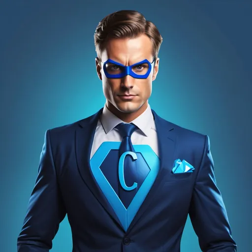 Prompt: Create a humane corporate superhero, wearing a suit, with vibrant colors of Blue who is out to help brands to rech out to their target customers with Logo of C on his chest