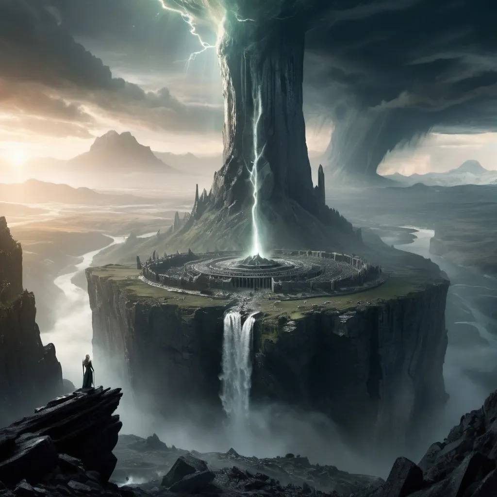 Prompt: Depict a scene of the top of the mythical Asgard, completely destroyed. The image is the home of the gods and it has been utterly destroyed with no recent sign of the Gods themselves. Ghostly yet beautiful. Surreal. Epic. Movie Poster.