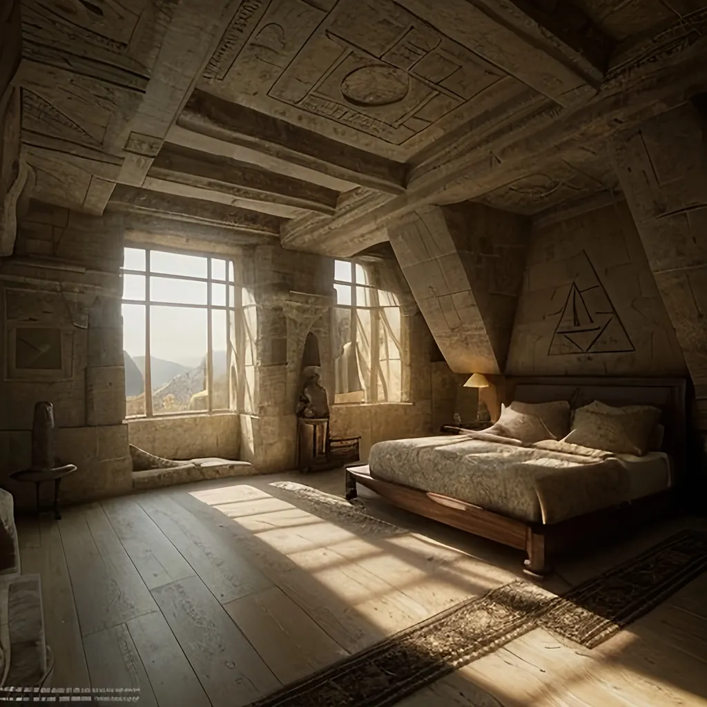 Prompt: Cinematic medium shot, Atlantean pyramid bedroom, sunlight streaming through, large stylish bed, ancient stone architecture with subtle integrated technology, warm inviting light illuminating the space, intricate designs on the walls, rich textures, cozy ambiance, HD quality, atmospheric and magical vibe, themes of tranquility and sophistication, capturing a perfect blend of history and modernity.