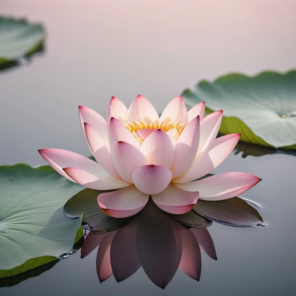 Prompt: A close-up photograph of a single lotus flower, floating serenely on still water. The petals are in full bloom, glowing with soft pink hues, surrounded by gentle ripples. The background is a calm, misty morning scene with muted colors. Created Using: macro photography, soft focus, natural light, minimalistic style, smooth reflections, zen garden aesthetic, hd quality, natural look 