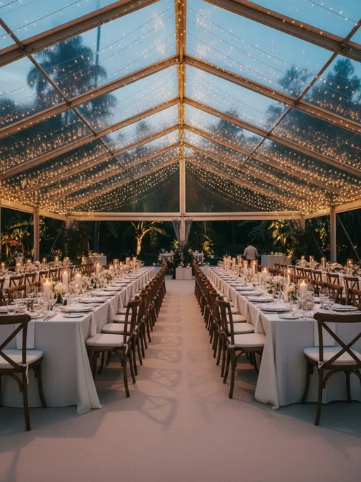 Prompt: An interior shot of a wedding setup from a low angle, highlighting rows of our dark tan crossback chairs alongside long rectangular tables. The focus is on the clean lines and elegant arrangement. In the background, accent lighting highlights araliya trees