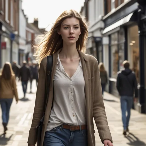 Prompt: Tall young woman walking down the high street, detailed clothing, realistic, natural lighting