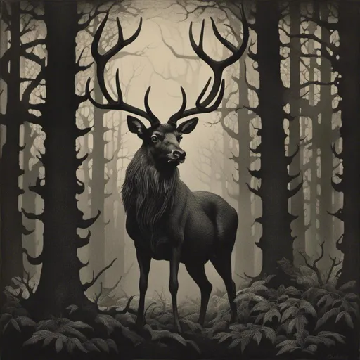 Prompt: <mymodel>Muscular stag in dark forest, highres, detailed, majestic, powerful, detailed antlers, dark and moody, atmospheric lighting, detailed fur, mystical aura, haunting, mysterious, enchanting, powerful presence, gothic architecture, detailed woodland, eerie atmosphere