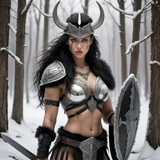 Prompt: Hyper-realistic, A Beautiful but sensual, Barbarian female warrior, in a snowy forest Dressed In Black, & Silver, Holding a severed Head, epic, meticulously detailed, Masterpiece