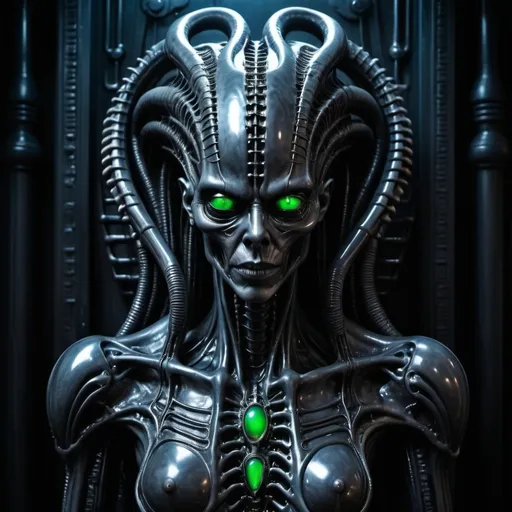 Prompt: Hyper-realistic, H.R. Giger Styled Dark Entity, that is very Imposing, under dim condition only lit by deep Blue Neon & Deep Red Lighting  & Has, Green eyes, Dressed In Black, & Silver, Holding a severed Head, epic, meticulously detailed, Masterpiece