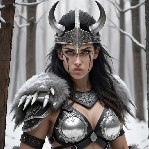 Prompt: Hyper-realistic, A Beautiful but sensual, Barbarian female warrior, in a snowy forest Dressed In Black, & Silver, Holding a severed Head, epic, meticulously detailed, Masterpiece