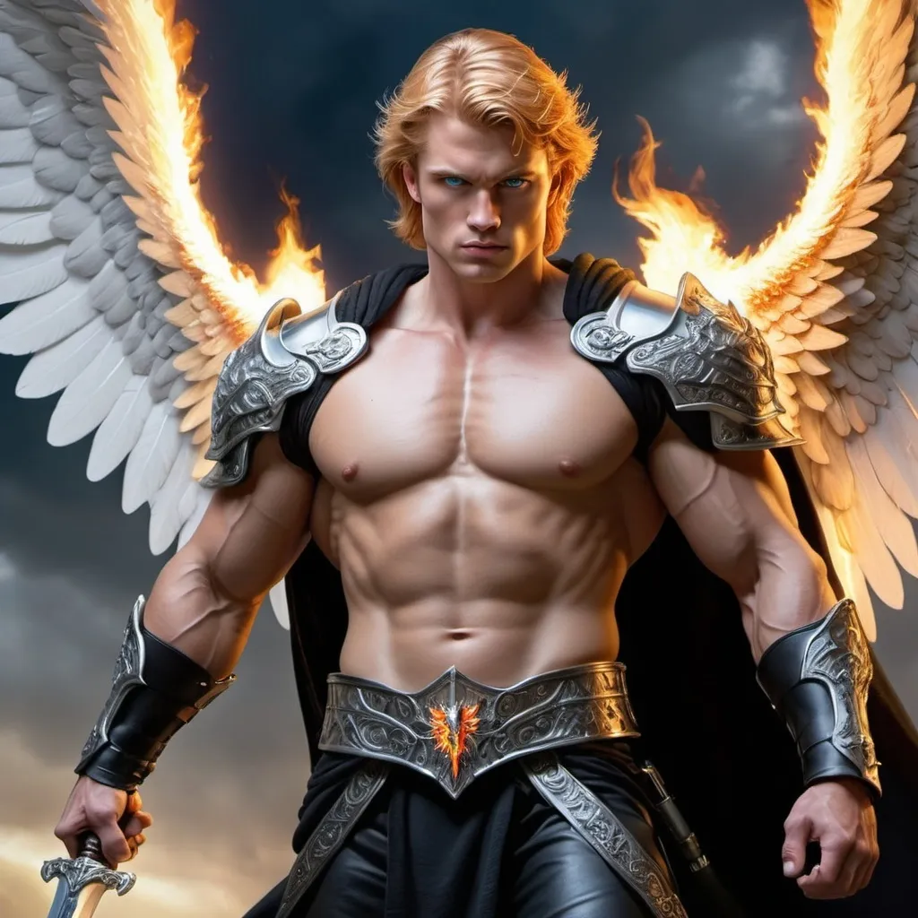 Prompt: Hyper-realistic, Handsome & Hulking, The Warrior Arch Angel, Michael, depicted Coming Down To Earth to Wage War, With brilliant Blue eyes & Reddish-Blonde Hair, Dressed In Black, & Silver, Holding His Angelic Flaming Sword,  epic, meticulously detailed, Masterpiece