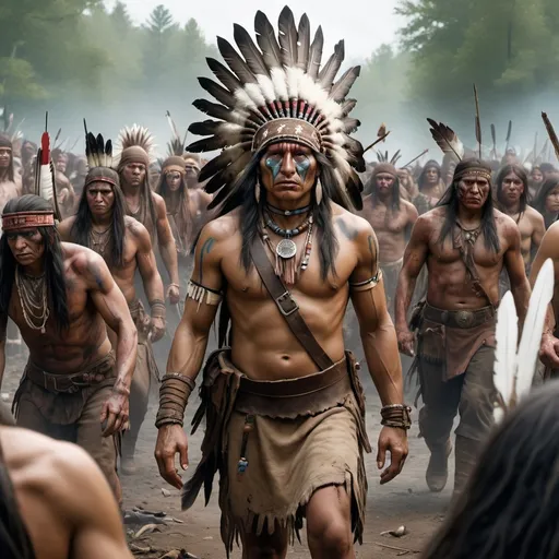 Prompt: Hyper-realistic, Native Americans & New world Pilgrims united together in an effort to Fight & Destroy Zombie Hordes, Meticulously Detailed, Epic, Masterpiece