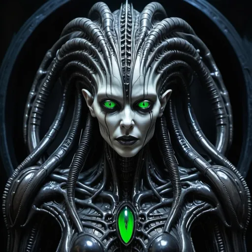 Prompt: Hyper-realistic, H.R. Giger Styled Dark Entity, that is very Imposing, under dim condition only lit by deep Blue Neon & Deep Red Lighting  & Has, Green eyes, Dressed In Black, & Silver, Holding a severed Head, epic, meticulously detailed, Masterpiece