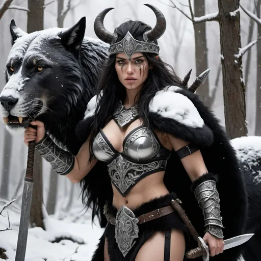 Prompt: Hyper-realistic, A Beautiful but sensual, Barbarian female warrior, in a snowy forest Dressed In Black, & Silver, Holding a severed Head, epic, meticulously detailed, Masterpiece
