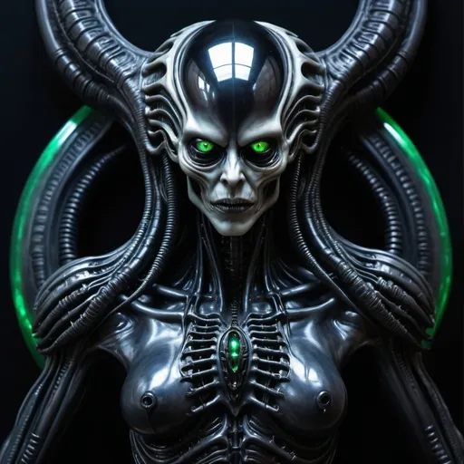 Prompt: Hyper-realistic, H.R. Giger Styled Dark Entity, that is very Imposing, under dim condition only lit by deep Blue Neon & Deep Red Lighting  & Has, Green eyes, Dressed In Black, & Silver, Holding a severed Head, epic, meticulously detailed, Masterpiece