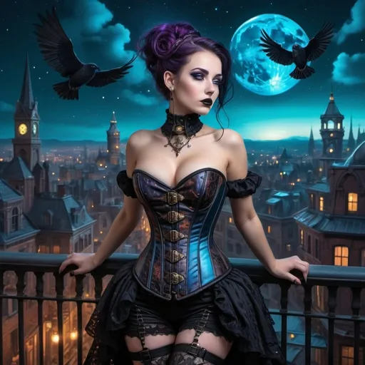 Prompt: Gothic Woman dressed in a corset, On a Balcony, overlooking a steampunk City with Gothic aesthetics, Under a beautiful cosmic sky at Night, where the City is lit with Black Lights & Neon, Hyper-realistic, Meticulously detailed, Epic, Masterpiece