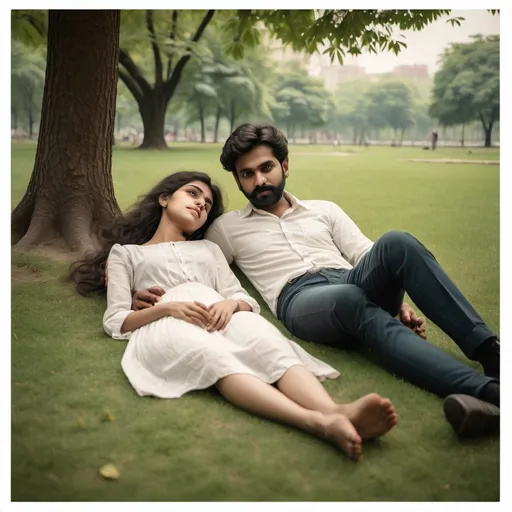 Prompt: a man and woman laying on the grass in a park together, with trees in the background and a white frame, Bholekar Srihari, neo-romanticism, portrait photography, a storybook illustration