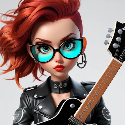 Prompt: (((3d animation))) Punk 75 white female doll (((playing guitar))), very red hair, black leather jacket, (((tight))) black leather shorts and black ankle boots and playing guitar, with unique facial features, holding a futuristic dope, wearing a cutting-edge suit and glasses, futuristic-cyberpunk art style, symbolic, exclusive, science-fiction, Les Automatistes, Ex Machina, marginalization, futuristic, symbolic, exclusion, retro, cyberpunk, Les Automatistes, unique facial features, high-tech suit, symbolically exclusive, cutting-edge glasses, science-fiction, professional, futuristic-cyberpunk lighting