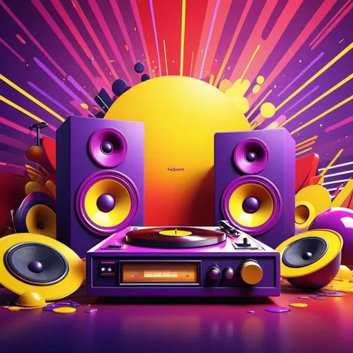 Prompt: cartoon style, background, (((red), purple, yellow)) (retro vibes), 1980's style, vivid colors, energetic composition, lively, showcasing music elements like speakers, turntables, vibrant lighting effects, playful atmosphere, ultra-detailed, high quality.